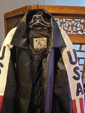 USA Flag Motorcycle Black leather Jacket with zip out liner